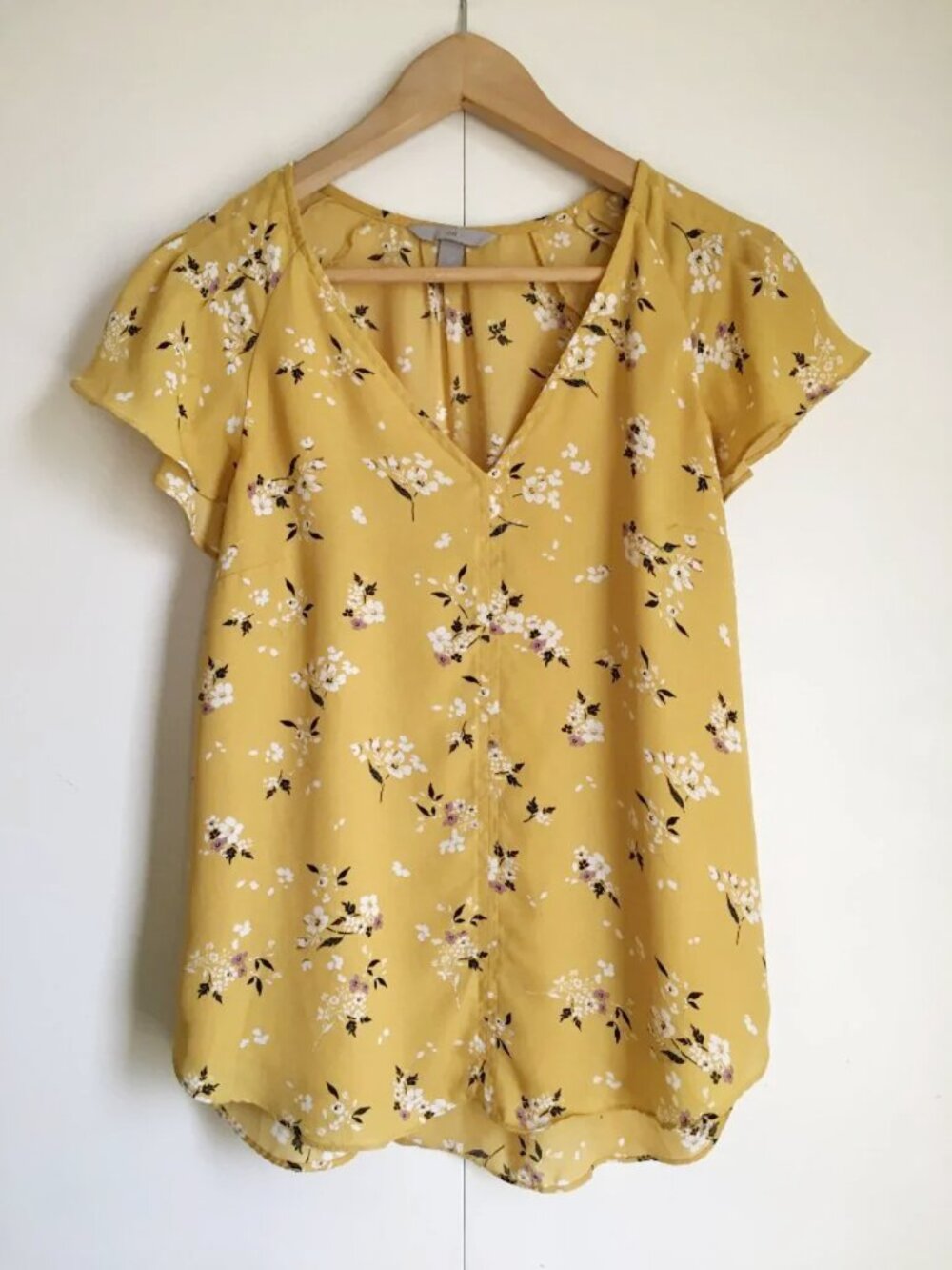 H&M Straw Yellow Floral Short Sleeve Flutter Shoulder Blouse UK 8